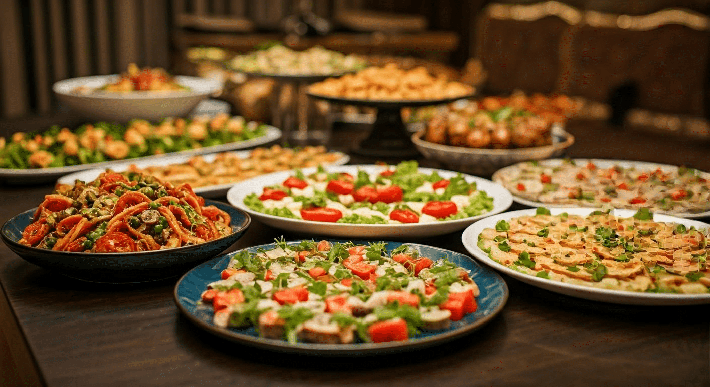 Diverse catering spread on table