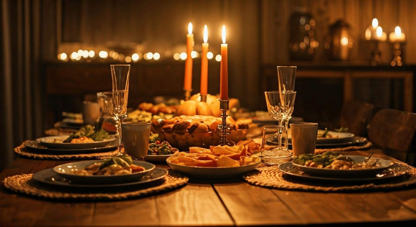 Festive Thanksgiving banquet table setting.