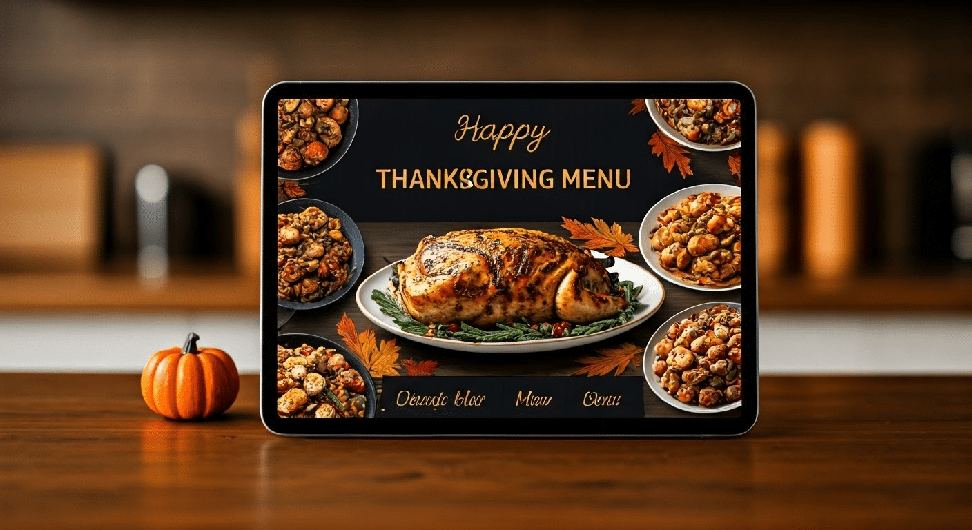 Digital Thanksgiving menu in a cozy kitchen.