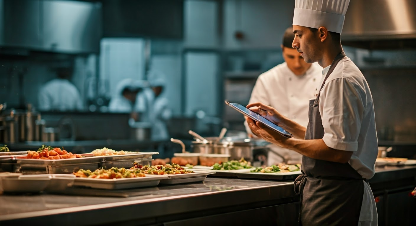 Chefs managing orders in catering kitchen