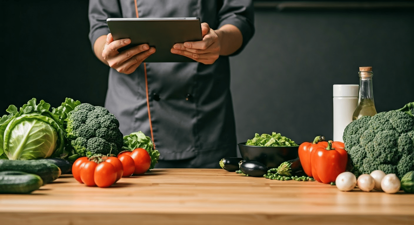 Chef planning vegan meals in kitchen.