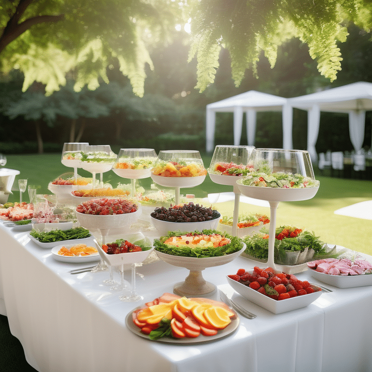 Elegant outdoor summer catering with chilled dishes and sparkling drinks under a sunlit garden canopy.